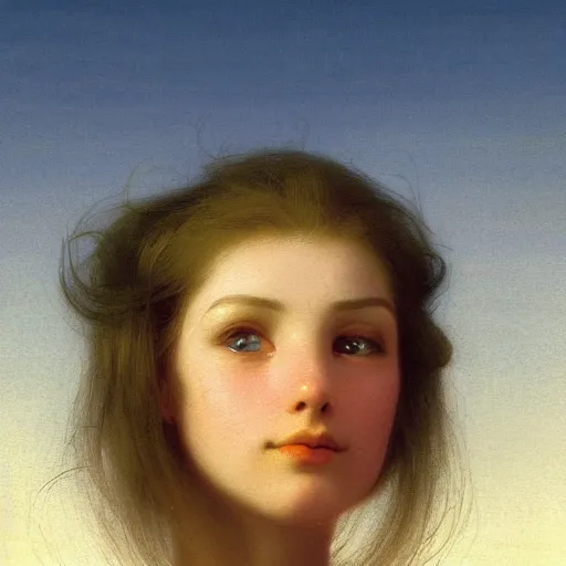 Image similar to a young woman's face, her hair is gold and she wears an cobalt blue satin cloak, by ivan aivazovsky and syd mead and moebius and gaston bussiere and roger dean and pieter claesz and paul delaroche and alma tadema and aelbert cuyp and willem claesz, hyperrealistic, volumetric light, octane render