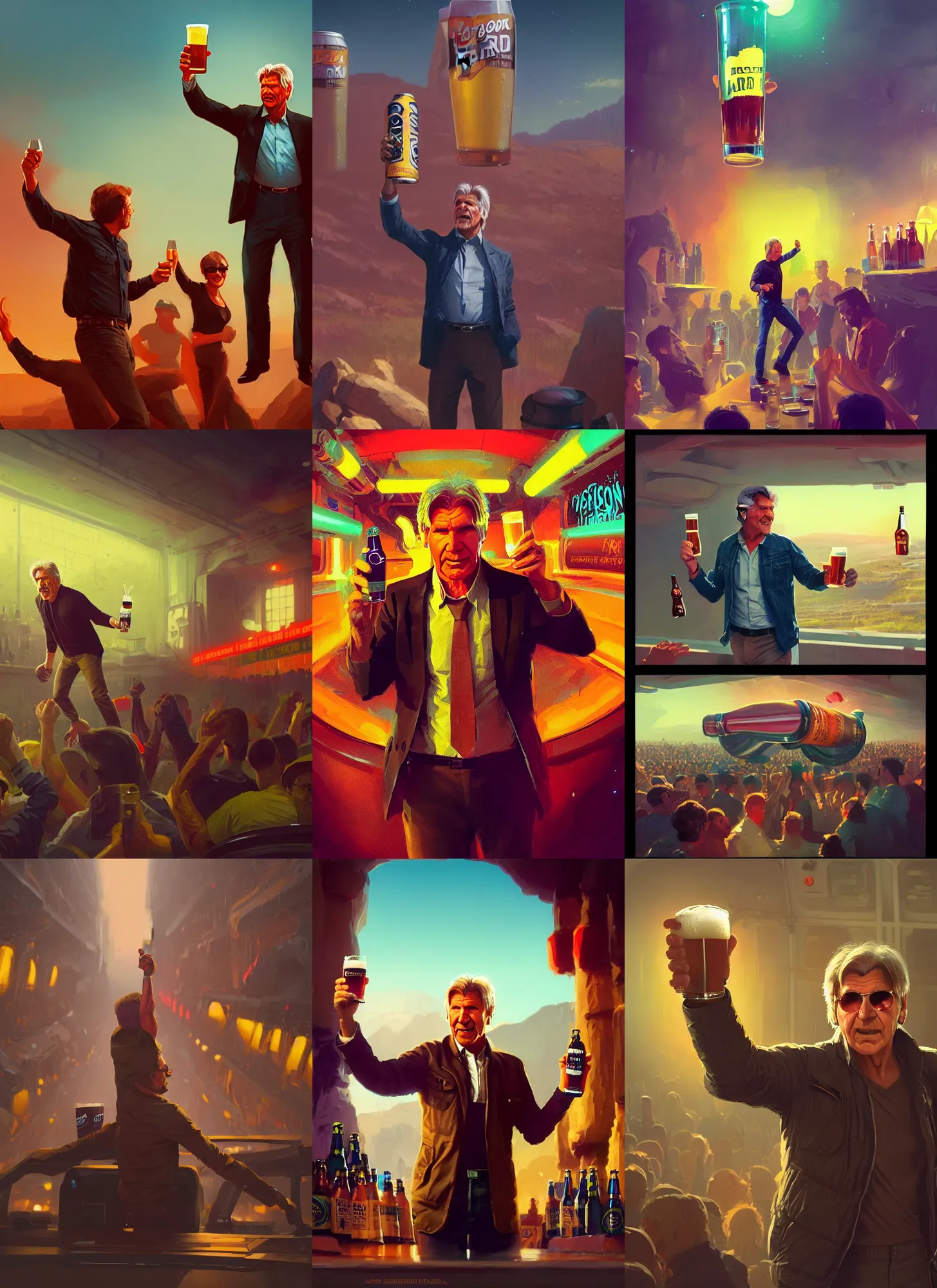 Prompt: harrison ford cheering beer, colorful, contrast, 3 d scene, greg rutkowski, zabrocki, karlkka, jayison devadas, trending on artstation, 8 k, ultra wide angle, zenith view, pincushion lens effect