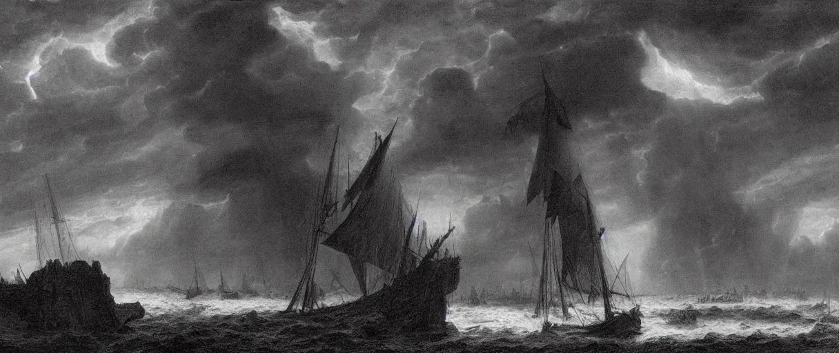 Image similar to an engraving portrait of dagon, caspar david friedrich, foggy, depth, strong shadows, stormclouds, illuminated focal point, highly detailed