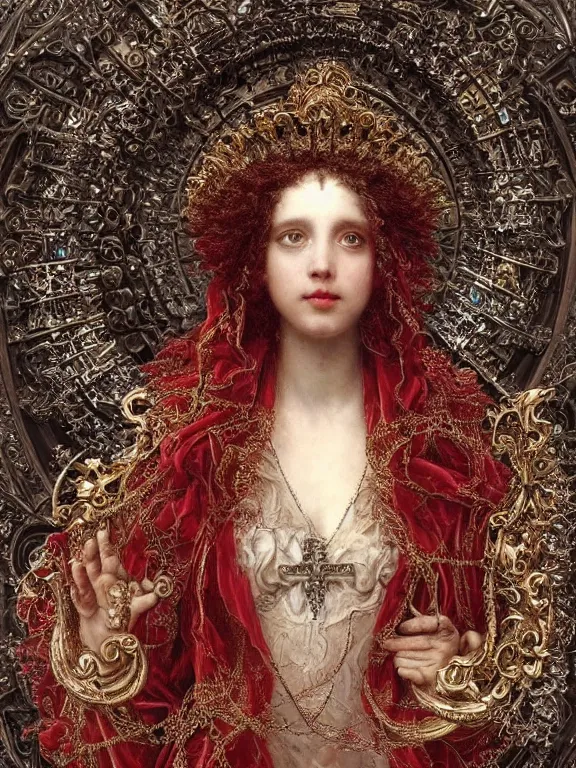 Image similar to a beautiful render of baroque catholic veiled the red queen sculpture with symmetry intricate detailed,crystal-embellished,by Lawrence Alma-Tadema, peter gric,aaron horkey,Billelis,trending on pinterest,hyperreal,jewelry,gold,intricate,maximalist,golden ratio,cinematic lighting