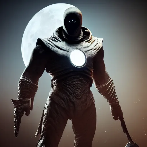 Image similar to render of moon knight mixed with krator from gow, artstation, accurate, 8 k, cgivfx, quixel, wetastudiofx, bigstudiovfx, octanerender 3 d, framestorevfx, cgrecord, highdensity, highradiosity