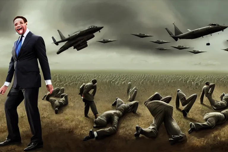 Image similar to one Comedian in suit and tie performing in a battle-field with dead bodies on the ground, detailed face, comedian is funny, performing to dead soldiers, nuclear bomb in far horizon, apocalypse, trending on artstation, artstationHD, hyperdetailed matte painting, highly detailed, digital painting, hyper-realistic, realistic, photo-realistic