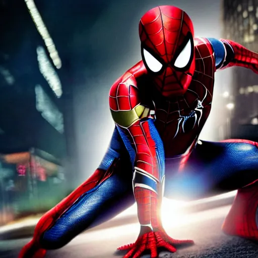 Image similar to promotional image of Spider Man as Iron Man in Iron Man（2008）, he wears Iron Man armor without his face, movie still frame, promotional image, imax 70 mm footage