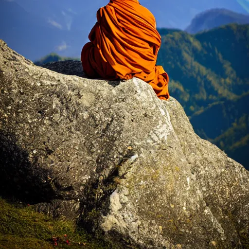 Image similar to a monk meditating on a tall mountain peak, beautiful background