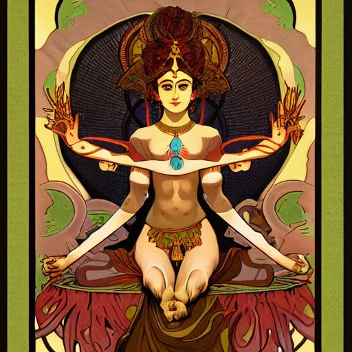 Image similar to dark Hindu deity, symmetric, with 6 arms, ultra realistic, fantasy, intricate, by alphonse mucha and ghibli style, trending on artstation