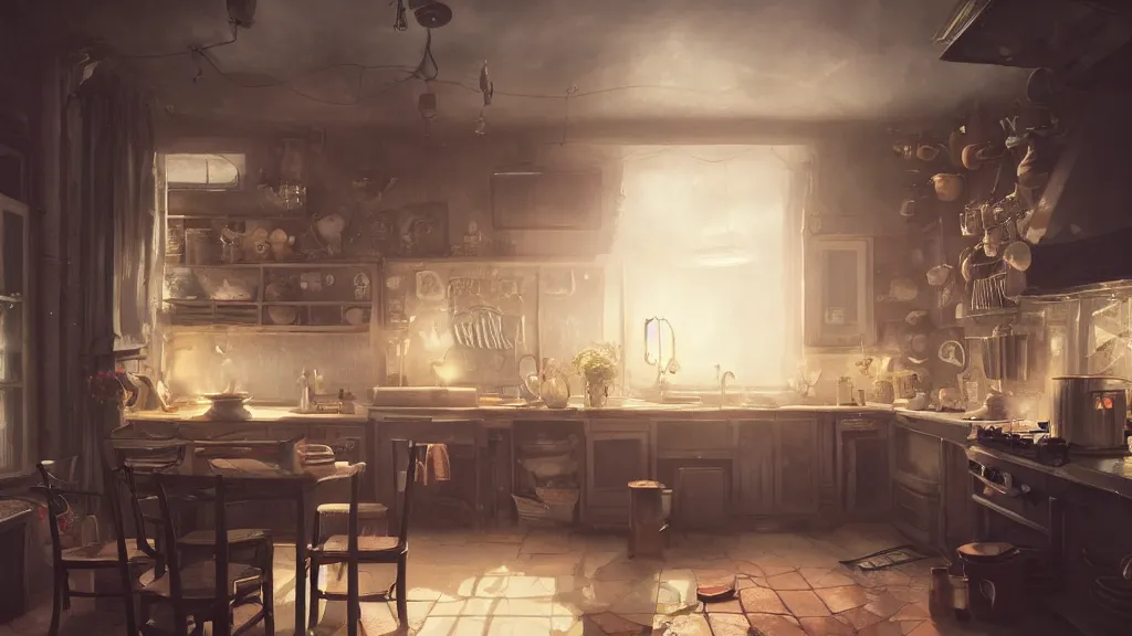 Prompt: a photorealistic hyperrealistic render of an interior of a beautifully decorated cozy kitchen by pixar, greg rutkowski, wlop, artgerm, dramatic moody nighttime lighting, long shadows, volumetric, cinematic atmosphere, octane render, artstation, 8 k