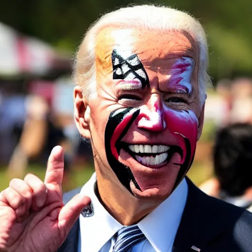 Prompt: joe biden wearing juggalo facepaint, photo taken at gathering of the juggalos