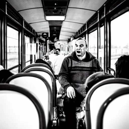 Prompt: a very confused and scared man riding a train for the first time, 8 5 mm shot