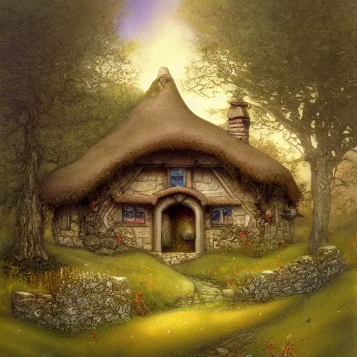 Image similar to beautiful matte painting of a cottage on a hill whimsical by brian froud