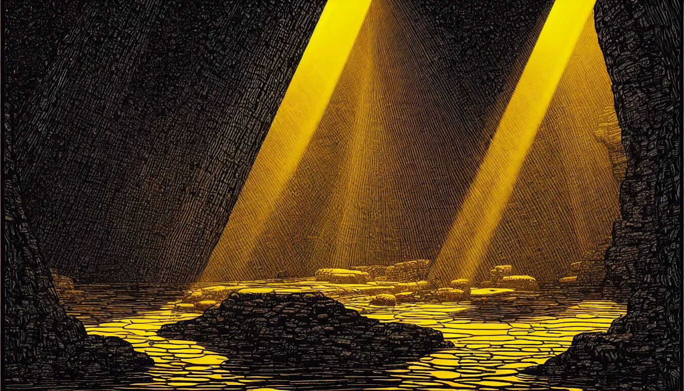 Image similar to cave with light rays by dan mumford and peter doig and edward hopper, symmetrical, minimal, black ink, thick lines highly detailed, muted colours 8 k