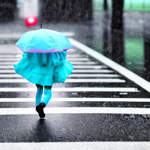 Prompt: photorealistic hatsune miku walking down a rainy street, ef 8 5 mm f 1. usm