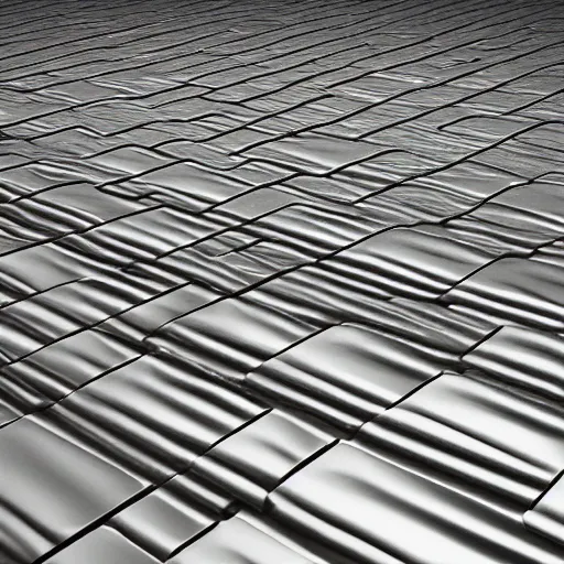 Image similar to valley of reflective metal, land of chrome tiles, no vegetation, octane render