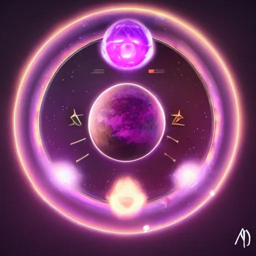 Image similar to purple powerful magic mana symbol, crystal atom solarsystem structure, epic legends game icon, stylized digital illustration, radiating, a glowing aura, global illumination, ray tracing, hdr, unreal engine, octane render, trending on arstation, by ian pesty and katarzyna bek - chmiel