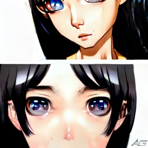 Image similar to depicting an extreme close up face of a dainty young truant female stoner prep highschool school student with medium length silky straight iridescent black hair and lightly suntanned skin, illustrated by Artgerm and Range Murata.