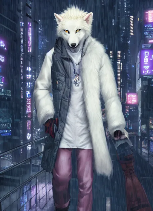 Image similar to character portrait of a male anthro albino wolf fursona with a tail and a cute beautiful attractive detailed furry face wearing stylish cyberpunk clothes in a cyberpunk city at night while it rains. hidari, color page, tankoban, 4K, tone mapping, Akihiko Yoshida.