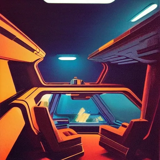 Image similar to Cozy interior of a spaceship, teal lighting, cozy lighting, space seen outside from a window, by Syd Mead, John Harris, Federico Pelat