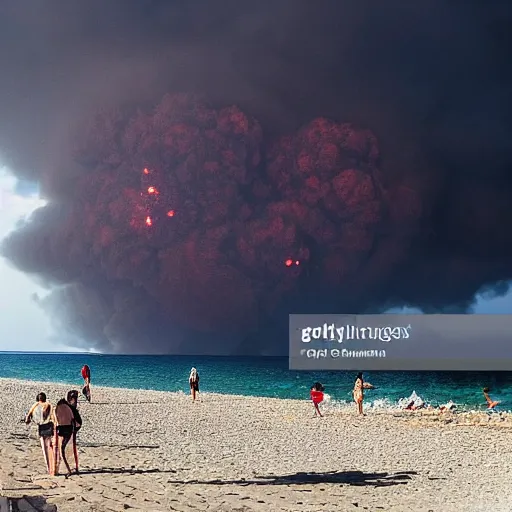 Prompt: a press photography tourists escaping a Crimean beach ⛱️ , explosions in the background, dark smoke in the distance, blue sky