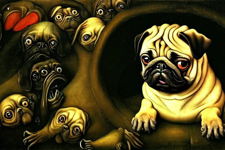 Prompt: a happy pug in a disturbing nightmare, single subject, scenic full shot, ambient lighting, detailed face, by hr giger, by hieronymus bosch