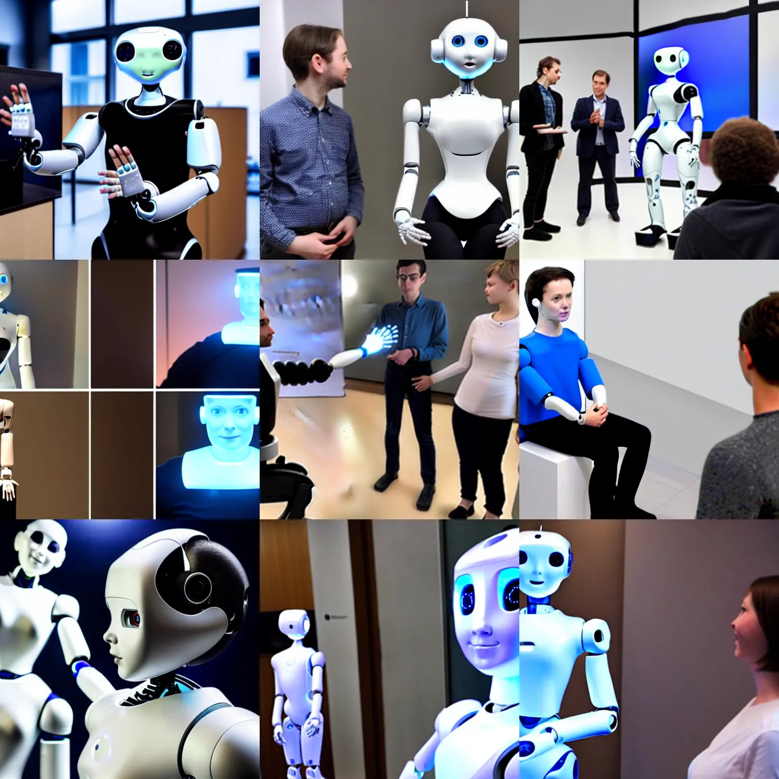 Prompt: media pictures of a humanoid ai robot interacting with real humans for the first time