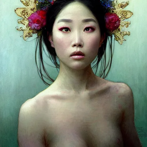 Image similar to A portrait of The bride in a Chinese wedding by Ross Tran!!! and alphonse mucha and greg rutkowski! and Gustave Doré!! and Zdzisław Beksiński!,In style of Impressionism.Symmetry.Highly detailed face.Fantasy,smooth,hyper detailed,sharp focus,Soft light.trending on artstation.oil on canvas