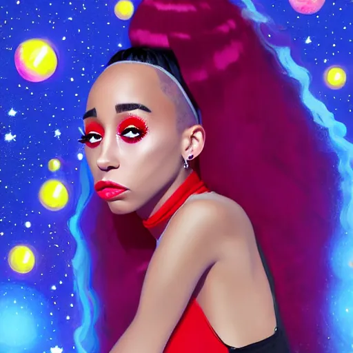 Image similar to paparazzi photo of Doja Cat on basketball court in outer space, beautiful beautiful beautiful beautiful beautiful beautiful beautiful digital art, a full body portrait, looking at camera, D&D, choker on neck, stylish, very long flowing hair, intricate, elegant, stylish, cute slightly nerdy smile, mouth slightly open, fantasy, extremely detailed, digital painting, artstation, concept art, smooth, sharp focus, illustration, stunning lighting, art by artgerm and greg rutkowski and alphonse mucha and simon stalenhag