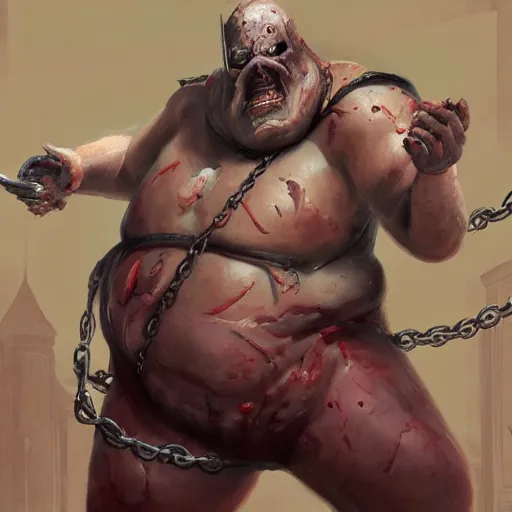 Image similar to a fat fleshy abomination butcher holding a cleaver and a hook hand, multiple arms, chained hook, cleaver knife, meats on the ground, in the style of greg rutkowski, fantasy rpg, league of legends