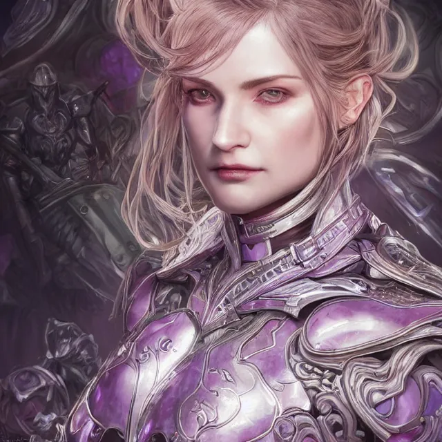 Image similar to close facial portrait of a pale woman in futuristic leather armor with a flowing purple, elegant, stoic, intense, ultrafine hyperdetailed illustration by kim jung gi, irakli nadar, intricate linework, sharp focus, bright colors, octopath traveler, final fantasy, hearthstone, highly rendered, global illumination, radiant light, detailed, intricate environment