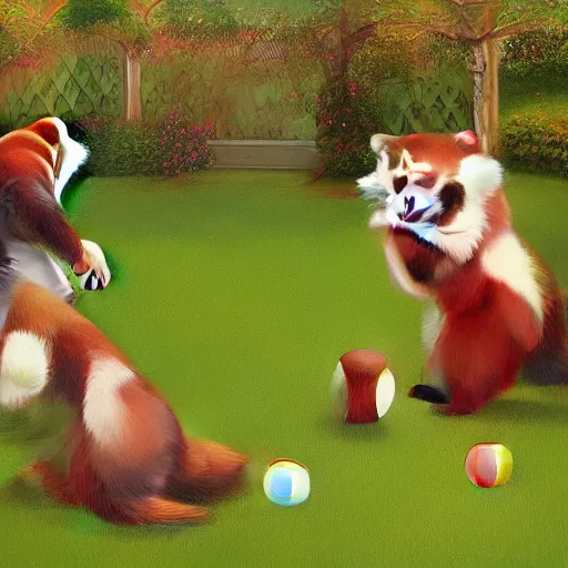 Prompt: very cute friendly happy high energy red pandas at a garden party playing croquet, artwork by mark brooks, digital art, 8K, 4K