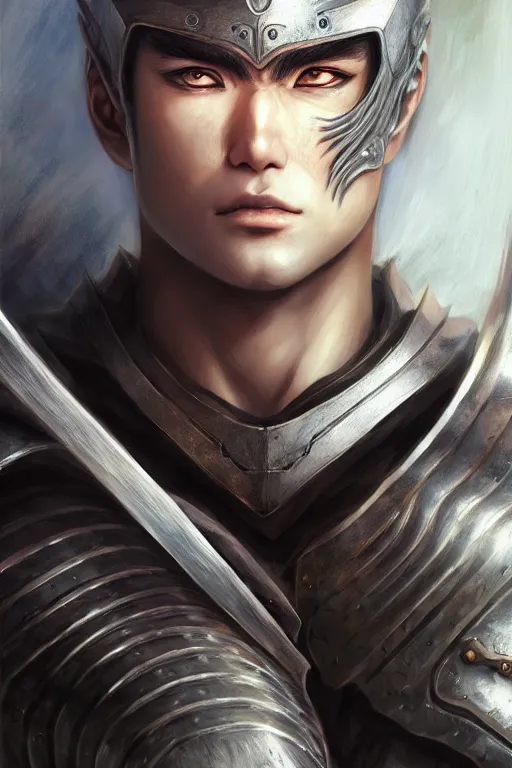 Image similar to A realistic anime portrait of Guts in the berserk armor, berserk, digital painting, by Stanley Artgerm Lau, Sakimichan, WLOP and Rossdraws, digital painting, painterly, Pixiv, Deviantart, golden ratio, rule of thirds, good composition, HD, 8k, award winning, promo art, splash art, rpg, jrpg, dungeons and dragons, DND, trending on ArtStation