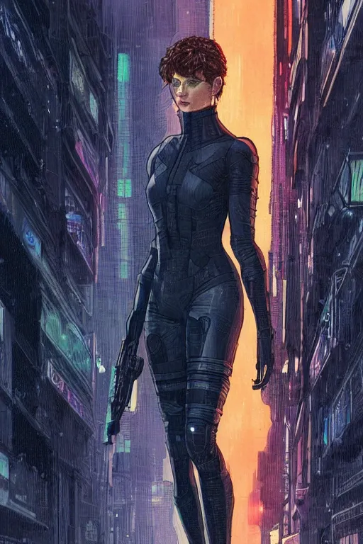 Prompt: selina. blackops spy in near future tactical gear, stealth suit, and cyberpunk headset. Blade Runner 2049. concept art by James Gurney and Mœbius.