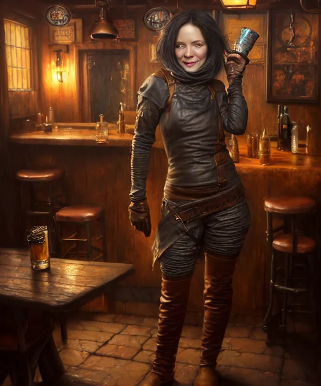 Image similar to hyperrealistic mixed media painting of a beautiful grinning female rogue, dimly lit cozy tavern, leather tunic, confident relaxed pose, d&d, stunning 3d render inspired art by Tim Okamura and Lise Deharme + perfect facial symmetry + dim volumetric lighting, 8k octane beautifully detailed render, post-processing, extremely hyperdetailed, intricate, epic composition, grim yet sparkling atmosphere, cinematic lighting + masterpiece, trending on artstation, very very detailed, masterpiece, stunning