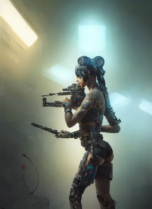 Image similar to girl covered with tattoos wearing tactical gear, intricate lights, bio luminescent, plasma, by ruan jia and artgerm and range murata and wlop and ross tran and william - adolphe bouguereau and beeple. key art. fantasy illustration. award winning, artstation, intricate details, realistic, hyperdetailed, 8 k resolution.