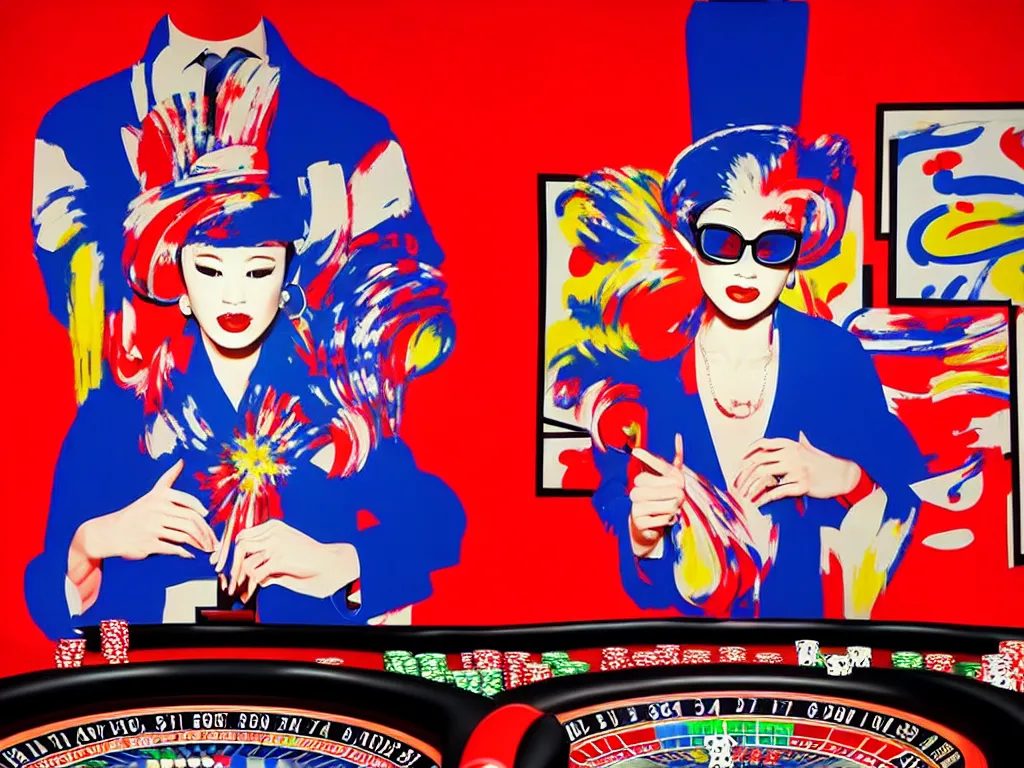 Prompt: hyper - realistic composition of a room in a casino with an extremely detailed poker table, croupier in kimono standing nearby fireworks in the background, pop art style, jackie tsai style, andy warhol style, acrylic on canvas