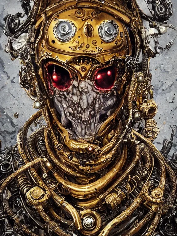 Image similar to portrait art of 8k ultra realistic undead eldritch horror corrupted king, astronaut , ornate gold crown , detailed intricate ornate armour,decaying, cybernetic, full of colour, cinematic lighting, battered, trending on artstation, 4k, hyperrealistic, focused, extreme details,unreal engine 5, cinematic, masterpiece, art by ayami kojima, giger