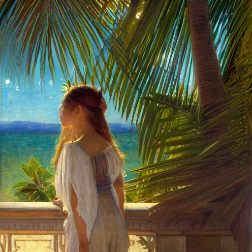 Image similar to a ultradetailed beautiful painting of a girl in the amazonas palace balustrade designed by jules bastien - lepage, hans belmer, frank weston and gustave baumann, beach, trending on artstation, mediterranean, palm trees, refracted color sparkles, sharp focus, soft light, 8 k 4 k