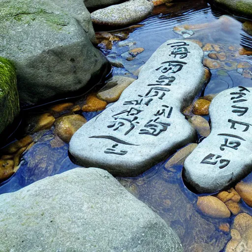 Image similar to detailed carving hunger stones in a river, photographic journalism, realistic, european river, ancient writing