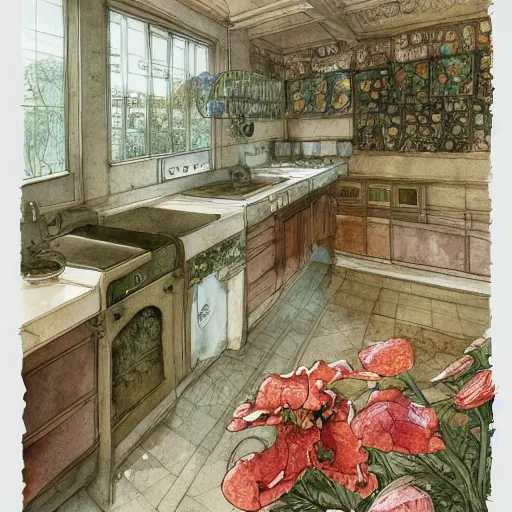 Prompt: a beautiful intricate watercolor illustration of a kitchen, flowers, leaves, 4 k, ultra - wide angle, by william turner, by victo ngai, by moebius, by gustave dore, hd, trending on artstation, hyper detailed, muted intense colors