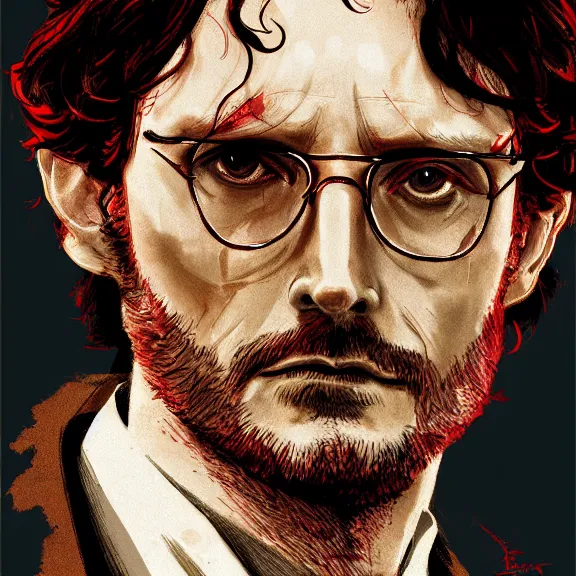 Image similar to will graham, hannibal, red, dark, golden ratio, environment, hyper detail, concept artbook