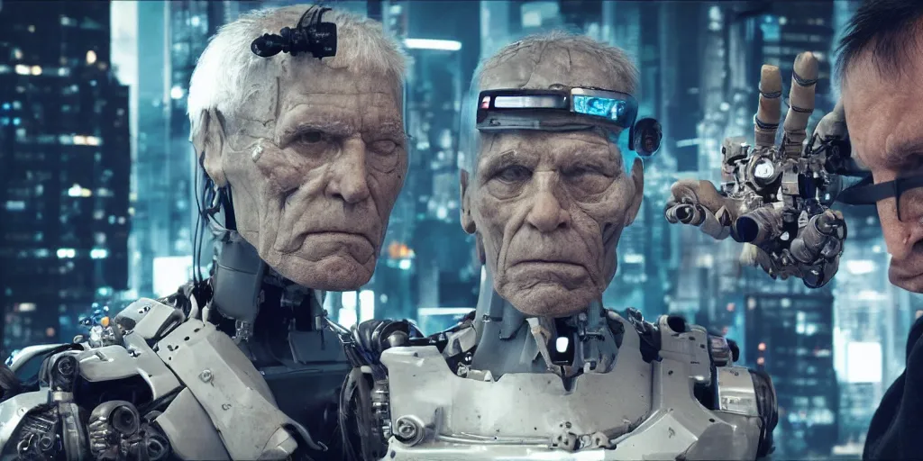 Image similar to cyberpunk buff old man fighting Deadcode humanoid robot Emmanuel Lubezki