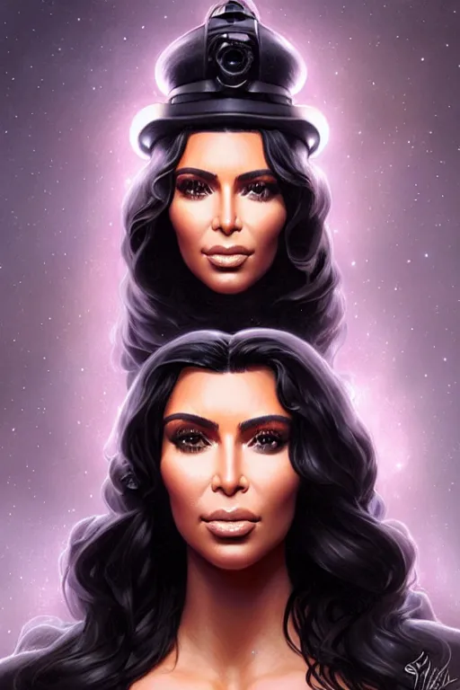 Image similar to Portrait of kim kardashian dressed as eazy e, fantasy, intricate, elegant, highly detailed, digital painting, artstation, concept art, smooth, sharp focus, illustration, art by artgerm and greg rutkowski and alphonse mucha