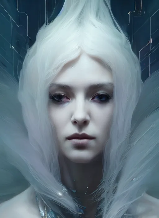 Image similar to a beautiful white haired sorceress, intricate, elegant, highly detailed, digital painting, artstation, concept art, smooth, sharp focus, cyberpunk darksynth, illuminated lines, enchanted magic, vaporware, dark smoky background, ethereal, misty, 8 k, by ruan jia and ilya kuvshinov and jeremy mann and alphonse mucha