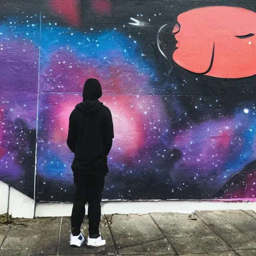 Prompt: a picture of a man in a black hoodie painting a graffiti mural of a galaxy on a brick wall