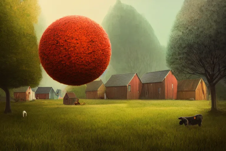 Image similar to peaceful day in farmer village with spherical psychodelic anomaly, trees, houses, fields, elegant, highly detailed, smooth, photoreal, sharp focus, illustration, beautiful, geometric, dmt trending on artstation, cinematic, artwork by WLOP