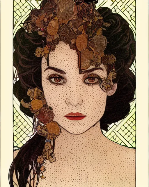 Prompt: half body portrait of juliana, in an outfit made from honeycomb, black hair, freckles, pale skin, alphonso mucha, high fashion, female beauty intricate detail, elegance, sharp shapes, soft lighting, vibrant colors, masterpiece