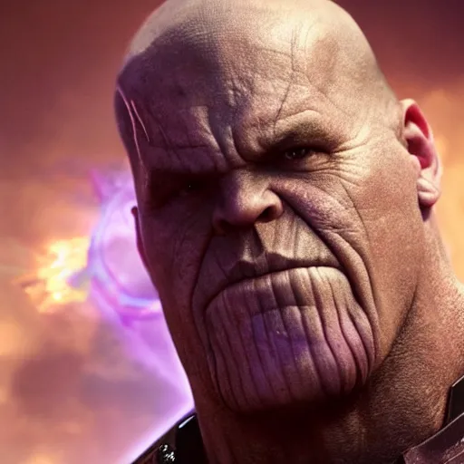 Image similar to a still from an avengers movie of thanos smoking a cigarette