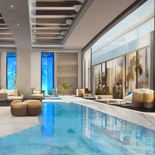 Image similar to realistic luxury hotel lobby interior in miami with pools in the background, corona render, detailed