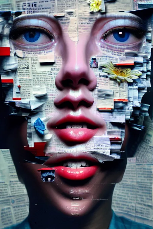 Image similar to 3 d, close - up, smiling fashion model, newspaper, tears, poster art, intricate oil painting, high detail, figurative art, multiple exposure, poster art, 3 d, by stanley kubrick and tooth wu and wlop and beeple