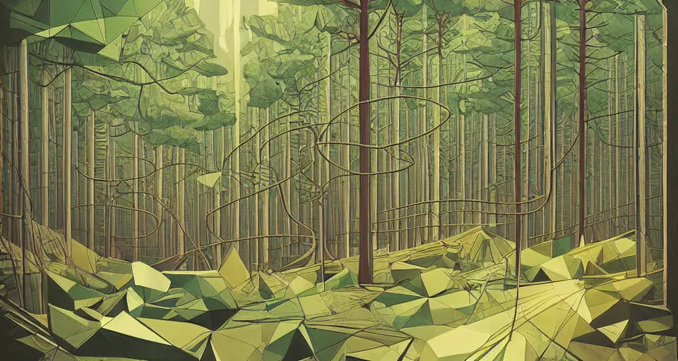 Image similar to geometric art, detailed matte illustration, geometric art by robert h hudson, detailed illustration of large factory in a beautiful forest and undergrowth