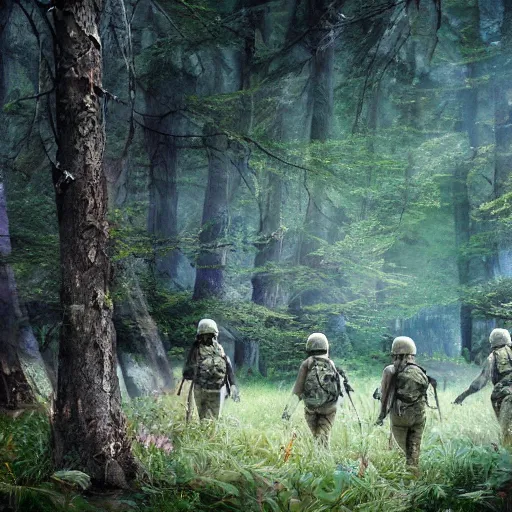 Image similar to group of female soldiers, searching through iridescent woods, makeshift camp, aerial photography, eerie, beautiful, stunning, intricate detail, cinematic, unreal engine, concept art, photorealism