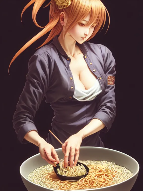 Image similar to full body picture of a rabbit ear girl making a ramen, bored, beautiful and aesthetic, intricate, unreal engine, neat hair, highly detailed, detailed face, smooth, sharp focus, chiaroscuro, manga illustration, artgerm, greg rutkowski, ilya kuvshinov, rossdraws, alphonse mucha, young adult light novel cover art